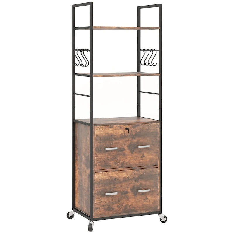Vinsetto 2 Drawer File Cabinet with Key, Bookshelf, Mobile Filing Cabinet with Adjustable Hanging Bar for Letter, A4
