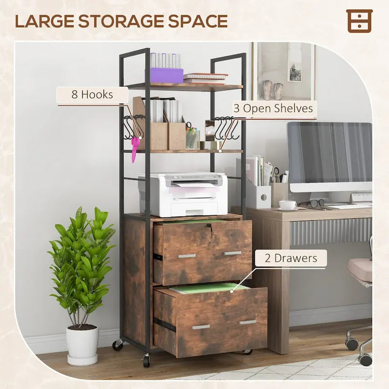 Vinsetto 2 Drawer File Cabinet with Key, Bookshelf, Mobile Filing Cabinet with Adjustable Hanging Bar for Letter, A4