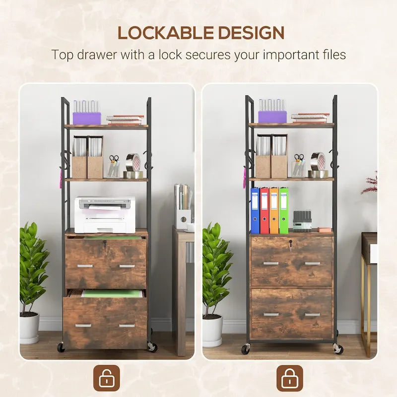 Vinsetto 2 Drawer File Cabinet with Key, Bookshelf, Mobile Filing Cabinet with Adjustable Hanging Bar for Letter, A4