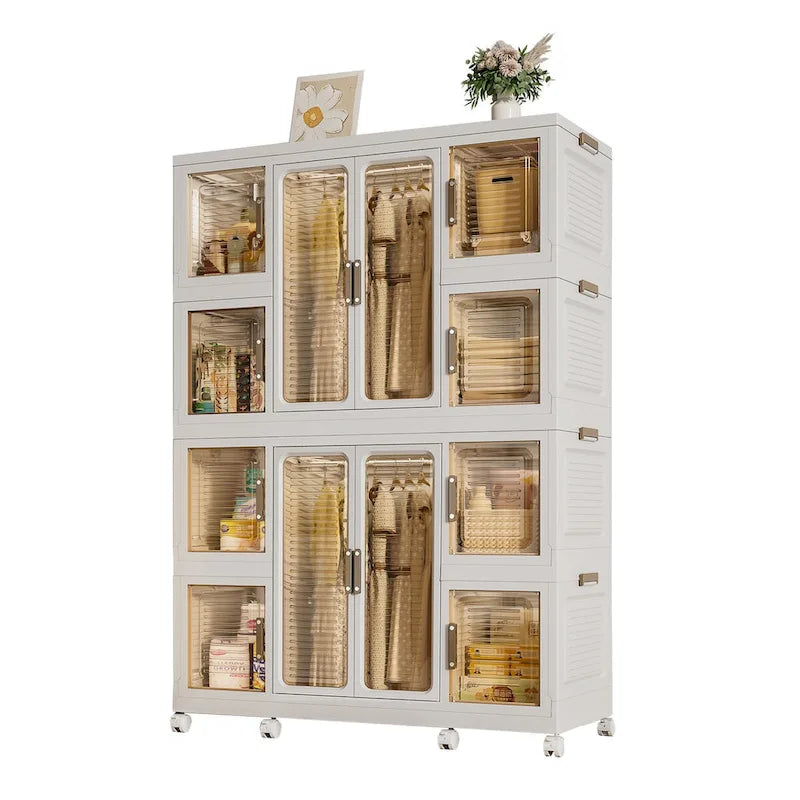Portable Wardrobe Closet Storage Organizer for Clothes,Clothes Dresser,12 Magnetic Doors-12 Cubes & 2 Hanging Rod