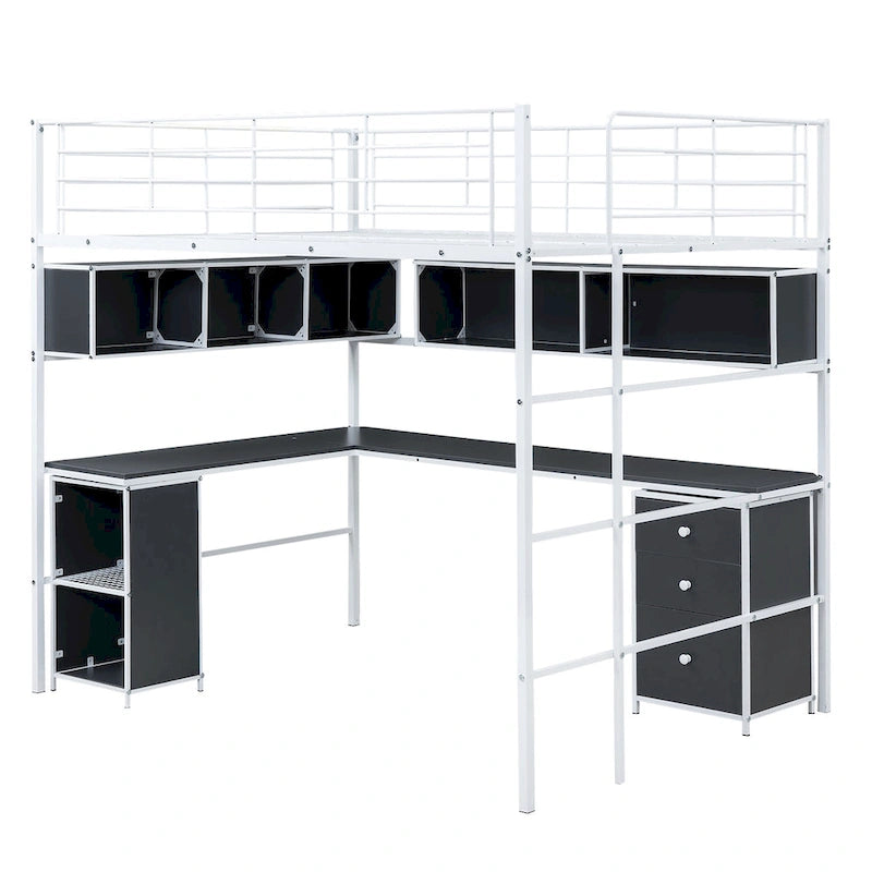 Metal Loft Bed with Bookcase, Desk and Cabinet