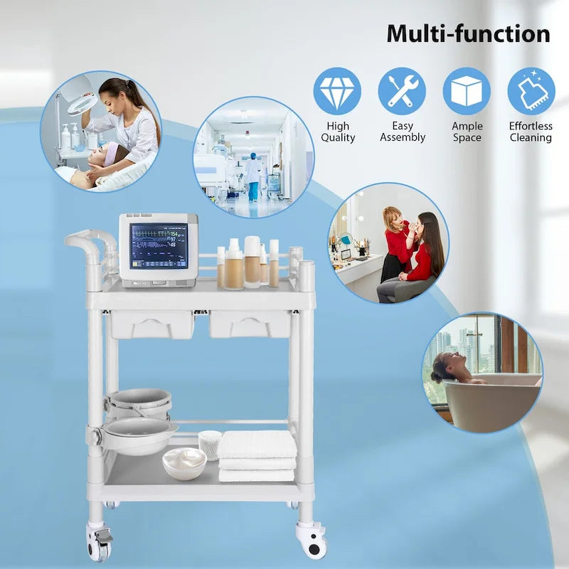 Medical Carts with Wheels 2 Tier Mobile Esthetician Cart 330 LBS Load Hospital Trolley Cart for Ultrasound Scanner Utility