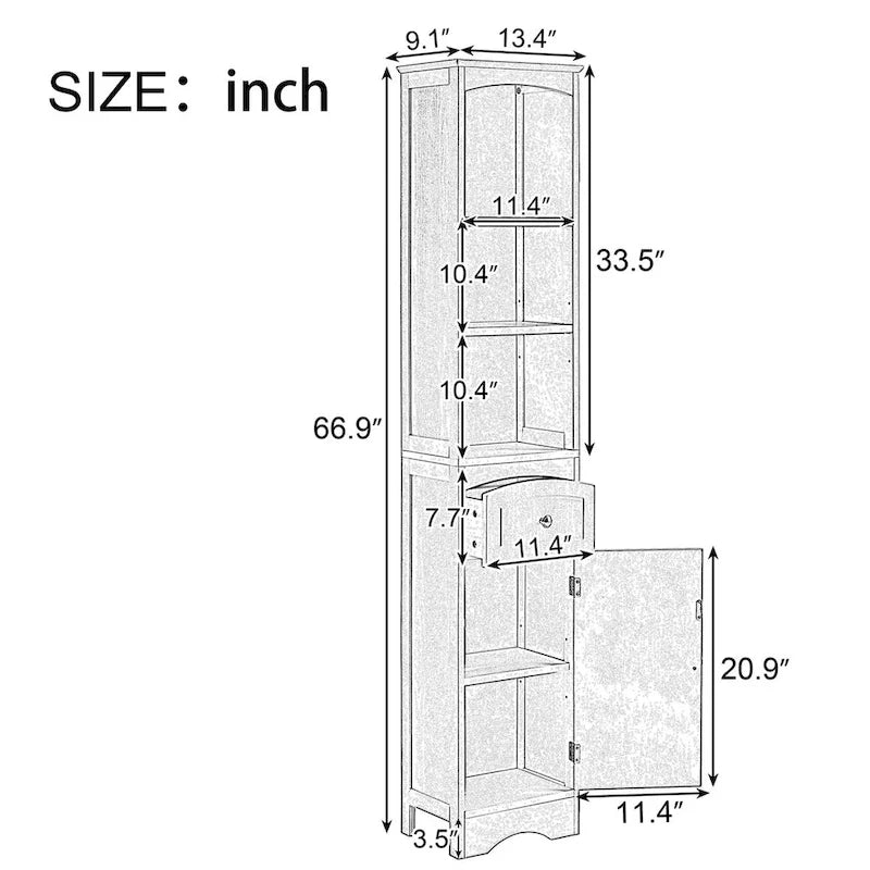 Tall Bathroom Cabinet Freestanding Storage Cabinet with Drawer - 13.4L x 9.1W x 66.9H