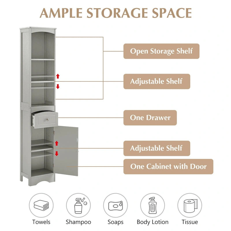 Tall Bathroom Cabinet Freestanding Storage Cabinet with Drawer - 13.4L x 9.1W x 66.9H