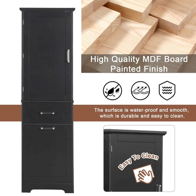 68Tall Bathroom Storage Cabinet, Freestanding Storage Cabinet with Two Different Size Drawers and Adjustable Shelf, MDF Board