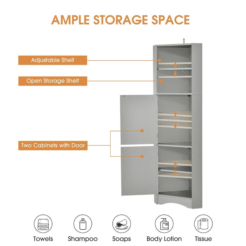 61 H Bathroom Cabinet,Narrow Toilet Organizer Side Corner Storage Tall Corner Cabinet