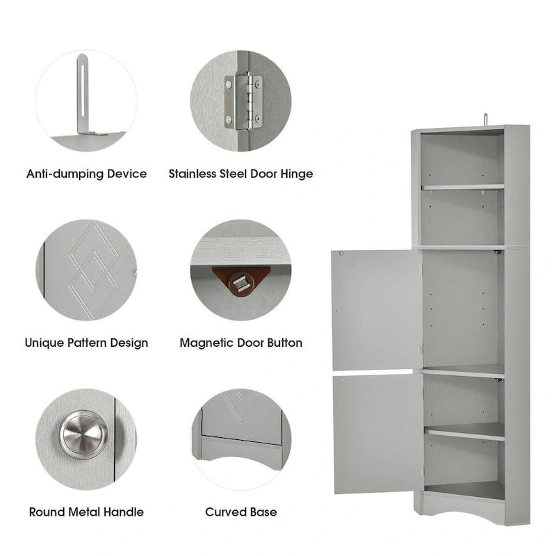 61 H Bathroom Cabinet,Narrow Toilet Organizer Side Corner Storage Tall Corner Cabinet