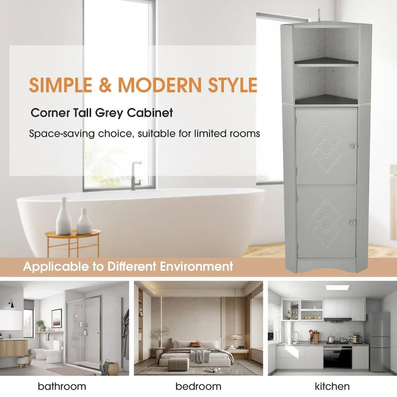 61 H Bathroom Cabinet,Narrow Toilet Organizer Side Corner Storage Tall Corner Cabinet