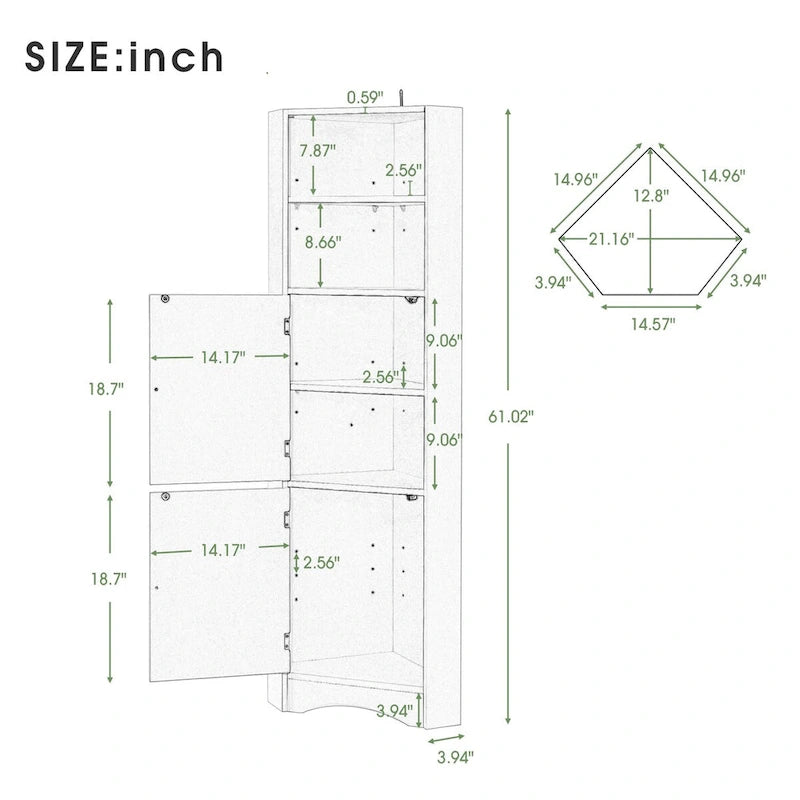 61 H Bathroom Cabinet,Narrow Toilet Organizer Side Corner Storage Tall Corner Cabinet