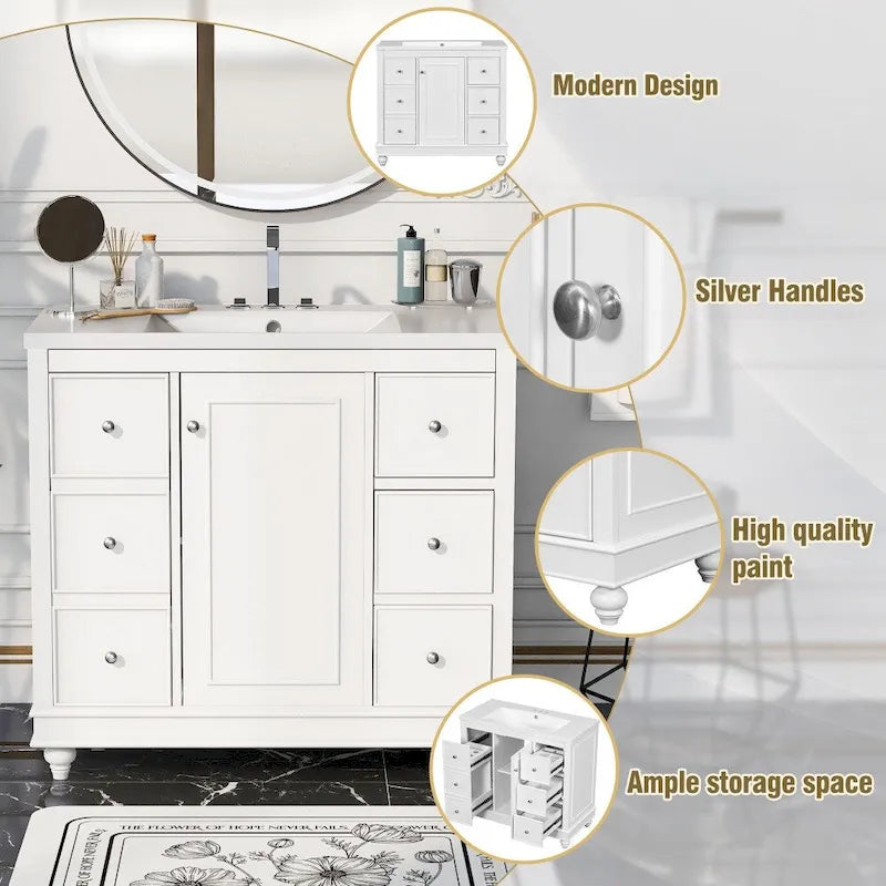 36 Inch Bathroom Vanity Cabinet with Resin Sink and Adjustable Shelves
