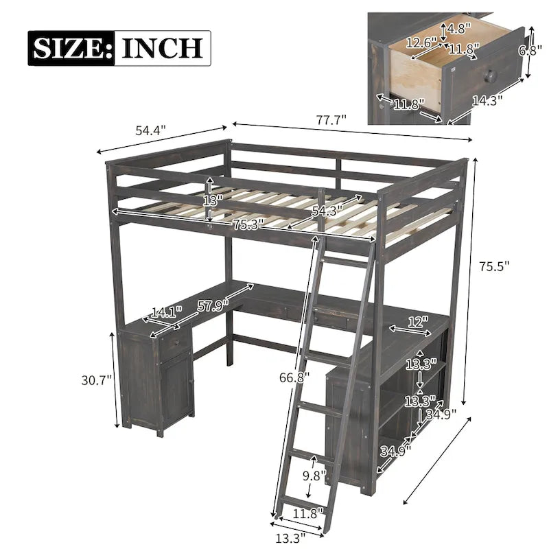 Merax Loft Bed with U-shaped Desk, Drawers and Storage Shelves