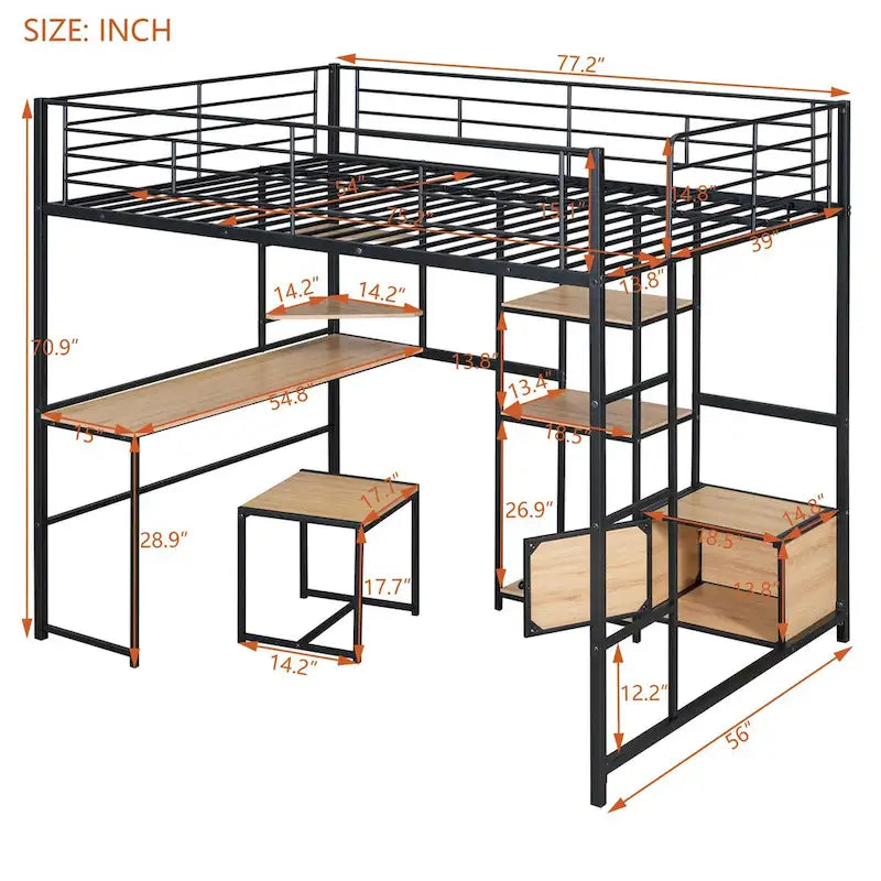 MERAX Full Size Loft Bed with Desk and Stool