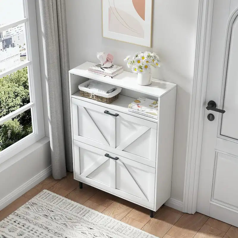 Shoe Storage Cabinet with Barn Door Design,Shoe Organizer with 2 Flip Drawers,Freestanding Shoe Rack Cabinet with Open Storage