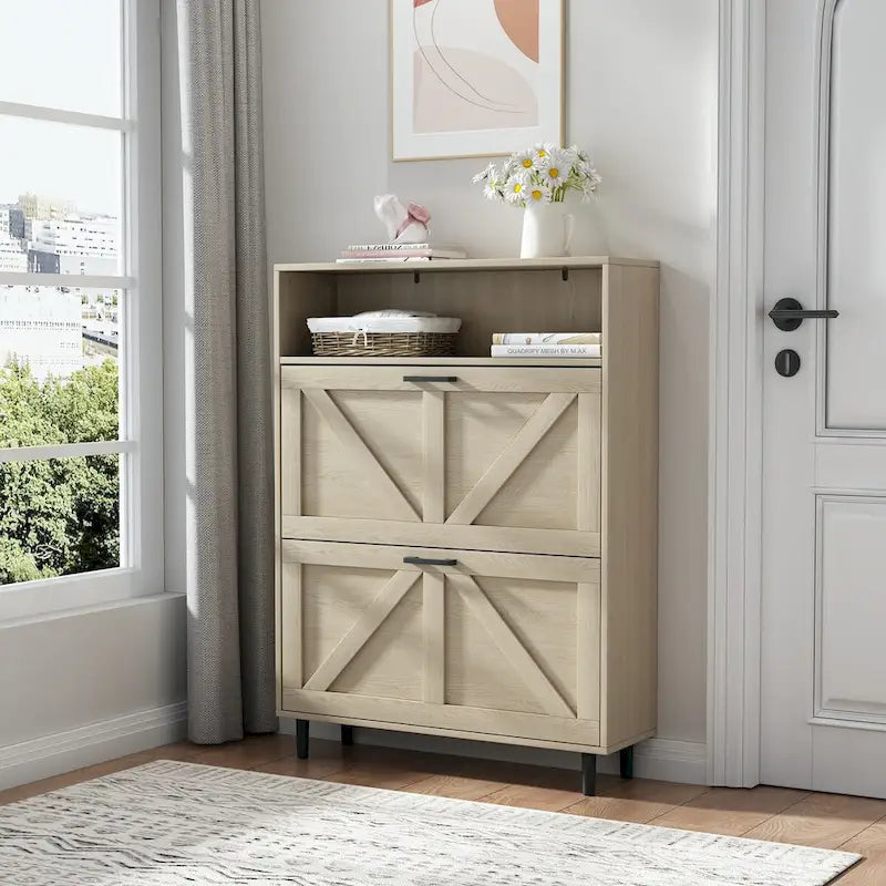 Shoe Storage Cabinet with Barn Door Design,Shoe Organizer with 2 Flip Drawers,Freestanding Shoe Rack Cabinet with Open Storage