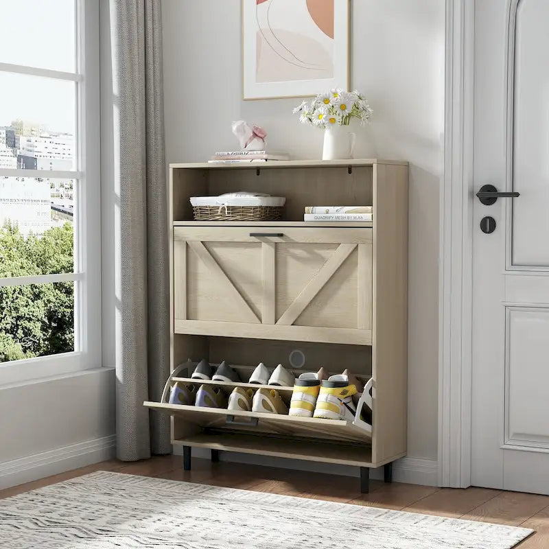 Shoe Storage Cabinet with Barn Door Design,Shoe Organizer with 2 Flip Drawers,Freestanding Shoe Rack Cabinet with Open Storage