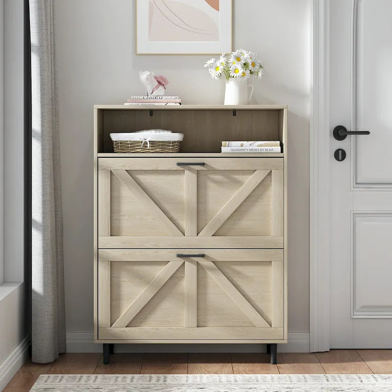 Shoe Storage Cabinet with Barn Door Design,Shoe Organizer with 2 Flip Drawers,Freestanding Shoe Rack Cabinet with Open Storage