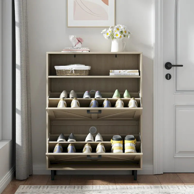 Shoe Storage Cabinet with Barn Door Design,Shoe Organizer with 2 Flip Drawers,Freestanding Shoe Rack Cabinet with Open Storage