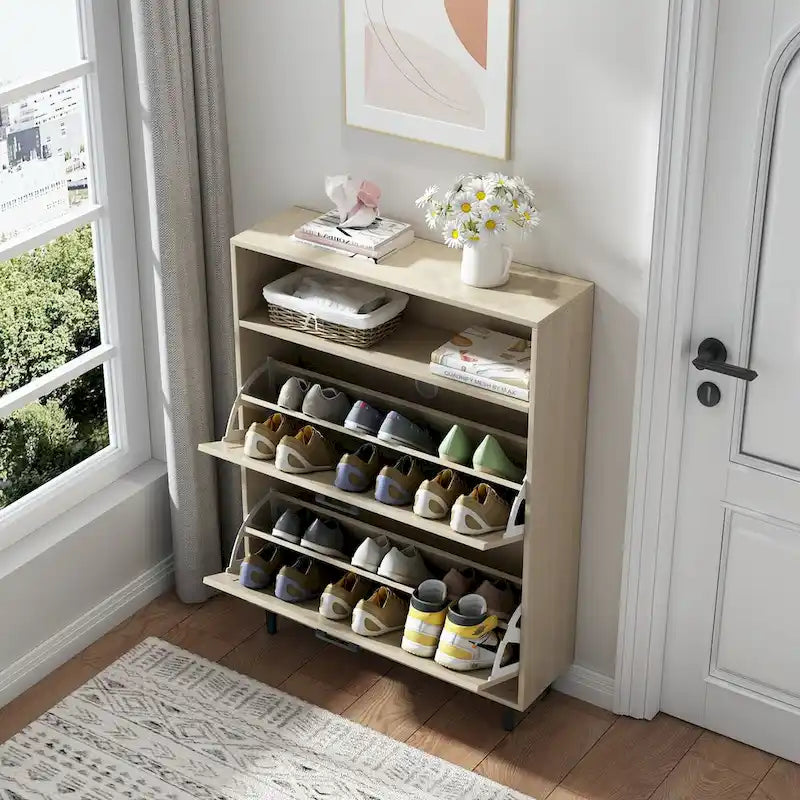 Shoe Storage Cabinet with Barn Door Design,Shoe Organizer with 2 Flip Drawers,Freestanding Shoe Rack Cabinet with Open Storage