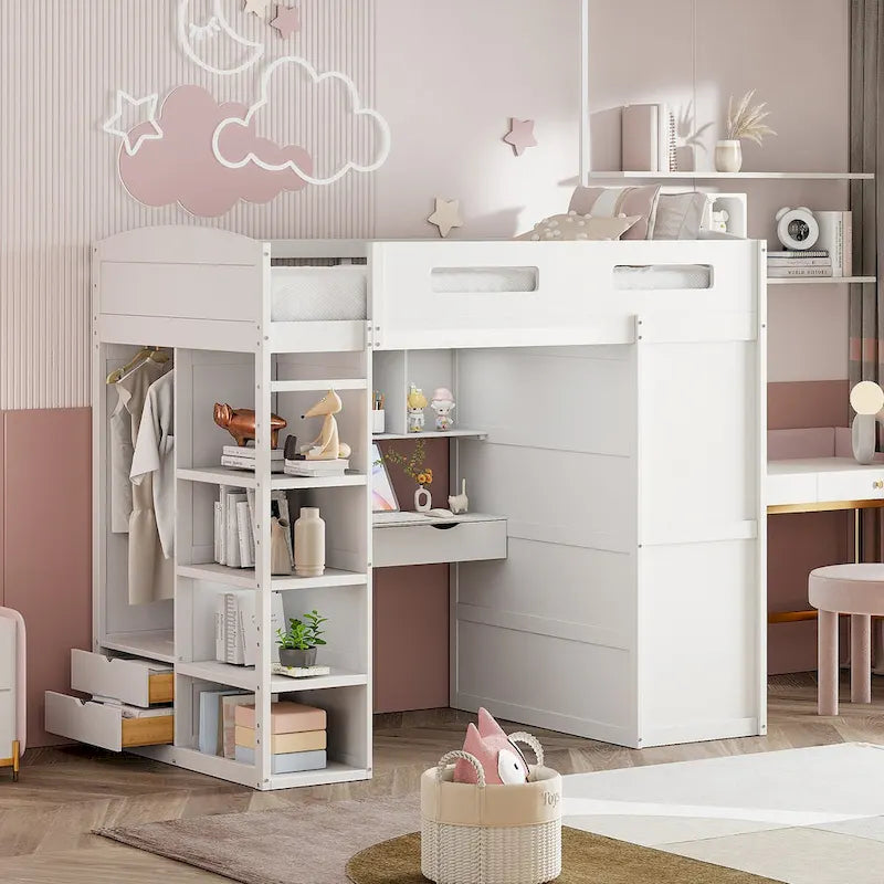 Merax Loft Bed with Desk, Wardrobes, 4 Drawers and 4 Shelves