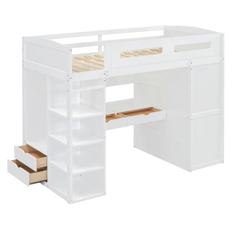 Merax Loft Bed with Desk, Wardrobes, 4 Drawers and 4 Shelves