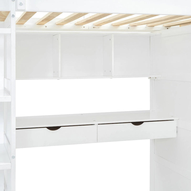 Merax Loft Bed with Desk, Wardrobes, 4 Drawers and 4 Shelves