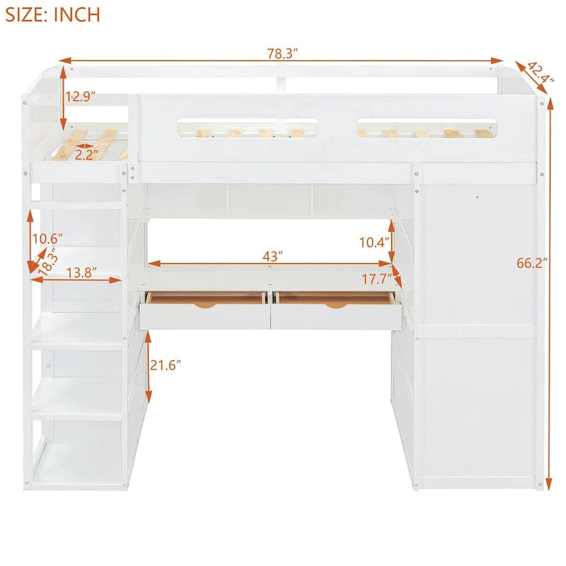 Merax Loft Bed with Desk, Wardrobes, 4 Drawers and 4 Shelves