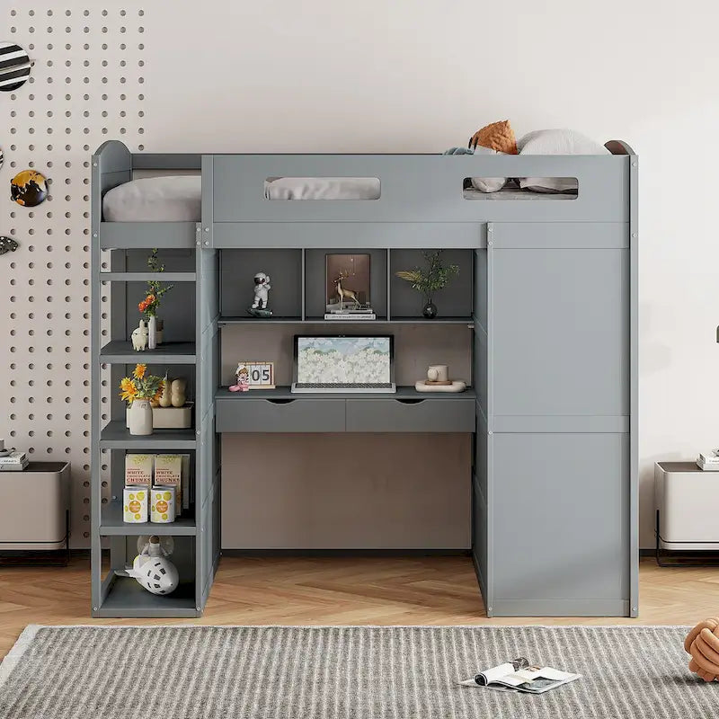 Merax Loft Bed with Desk, Wardrobes, 4 Drawers and 4 Shelves