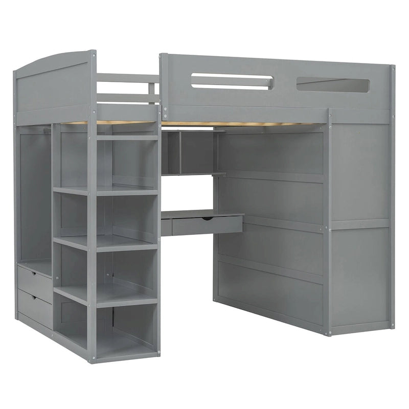 Merax Loft Bed with Desk, Wardrobes, 4 Drawers and 4 Shelves