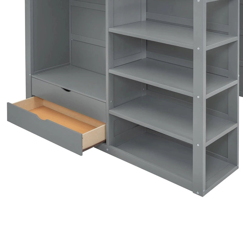 Merax Loft Bed with Desk, Wardrobes, 4 Drawers and 4 Shelves