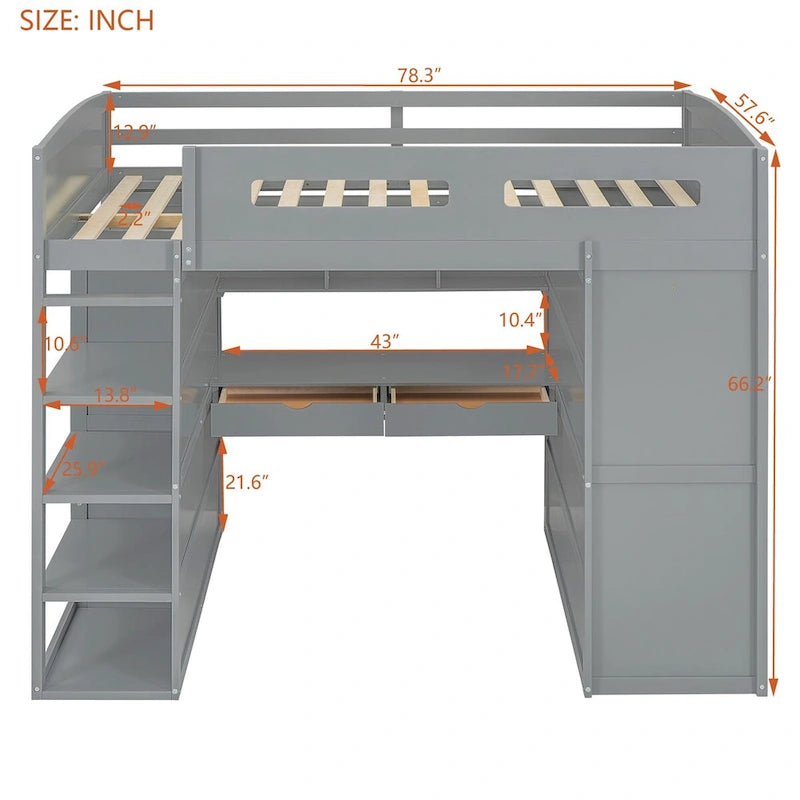 Merax Loft Bed with Desk, Wardrobes, 4 Drawers and 4 Shelves