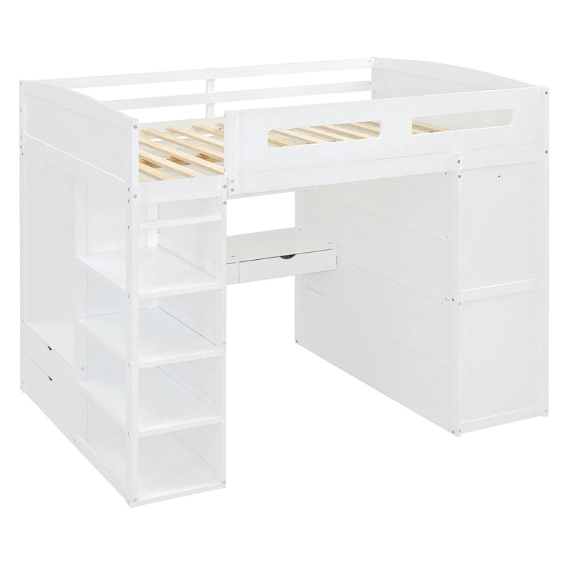 Merax Loft Bed with Desk, Wardrobes, 4 Drawers and 4 Shelves
