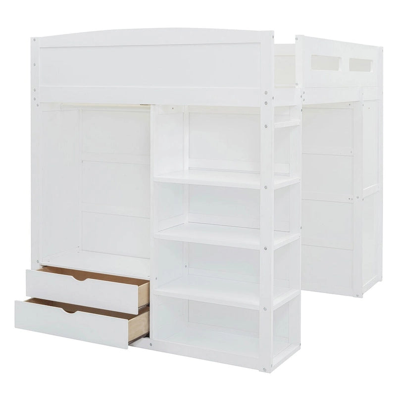 Merax Loft Bed with Desk, Wardrobes, 4 Drawers and 4 Shelves