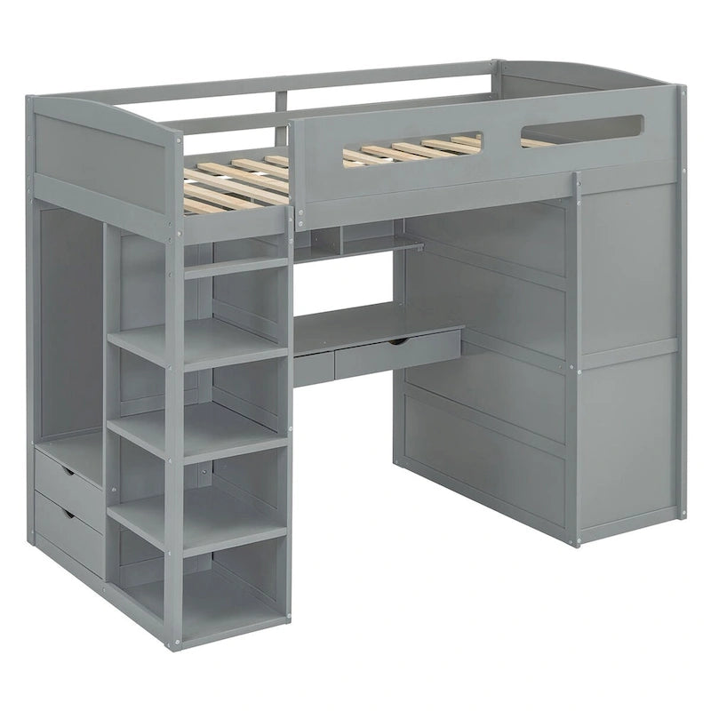 Merax Loft Bed with Desk, Wardrobes, 4 Drawers and 4 Shelves