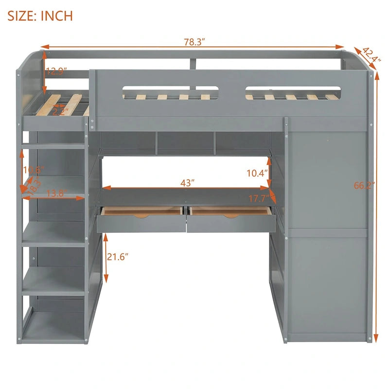 Merax Loft Bed with Desk, Wardrobes, 4 Drawers and 4 Shelves