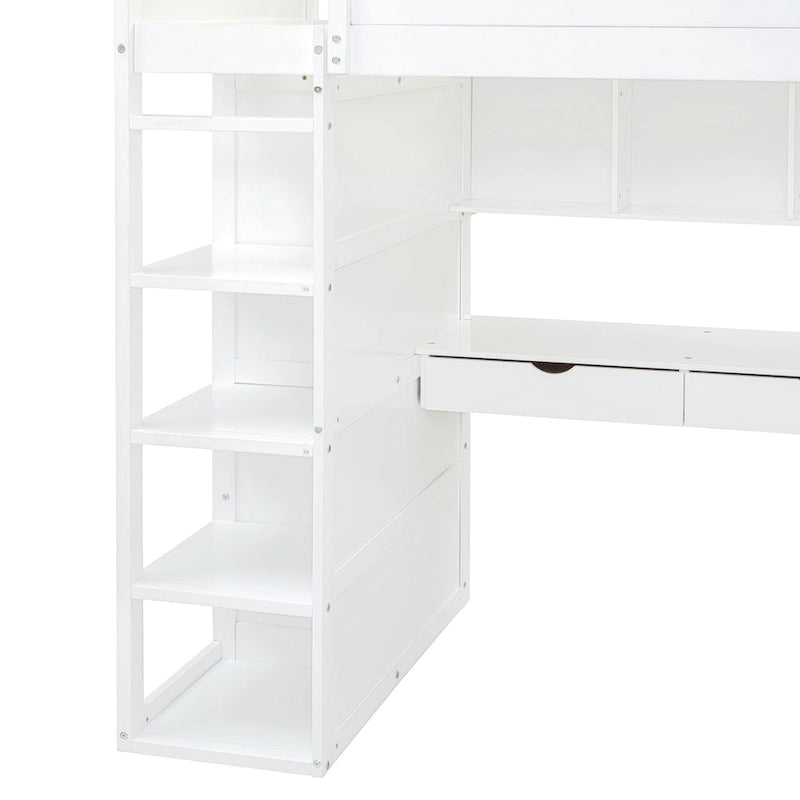 Twin Size Loft Bed with Desk, Wardrobes, 4 Drawers and 4 Shelves