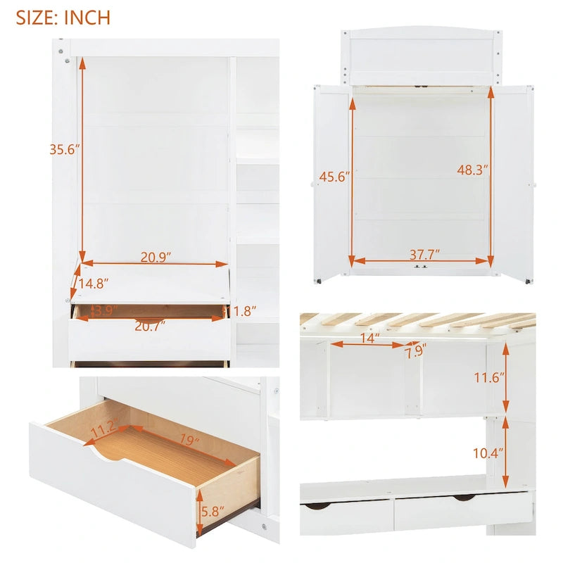 Twin Size Loft Bed with Desk, Wardrobes, 4 Drawers and 4 Shelves